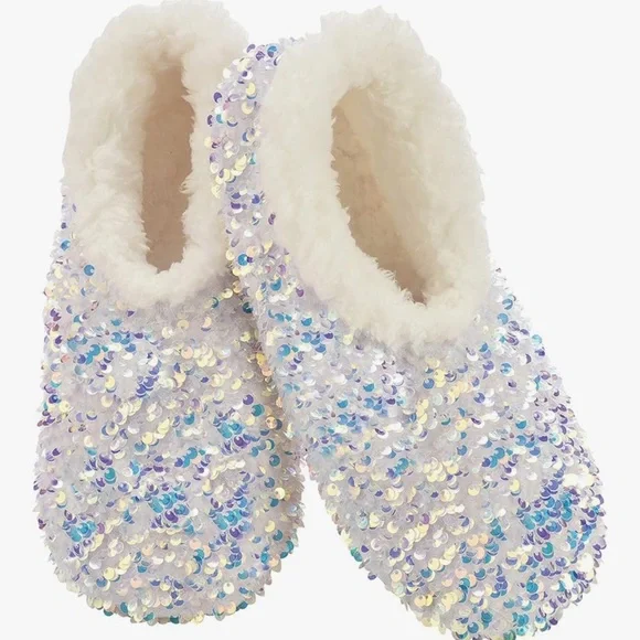 Snoozies! White Sequin Machine Washable NonSkid Soles Sherpa Lined Slippers-9/10 - Picture 1 of 8